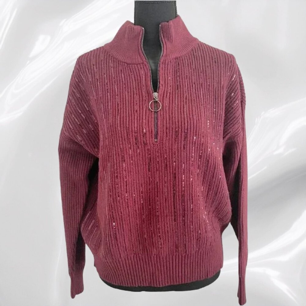 NWT Women's Nine West Quarter Zip Burgundy Pullover Sweater Sequined - Small